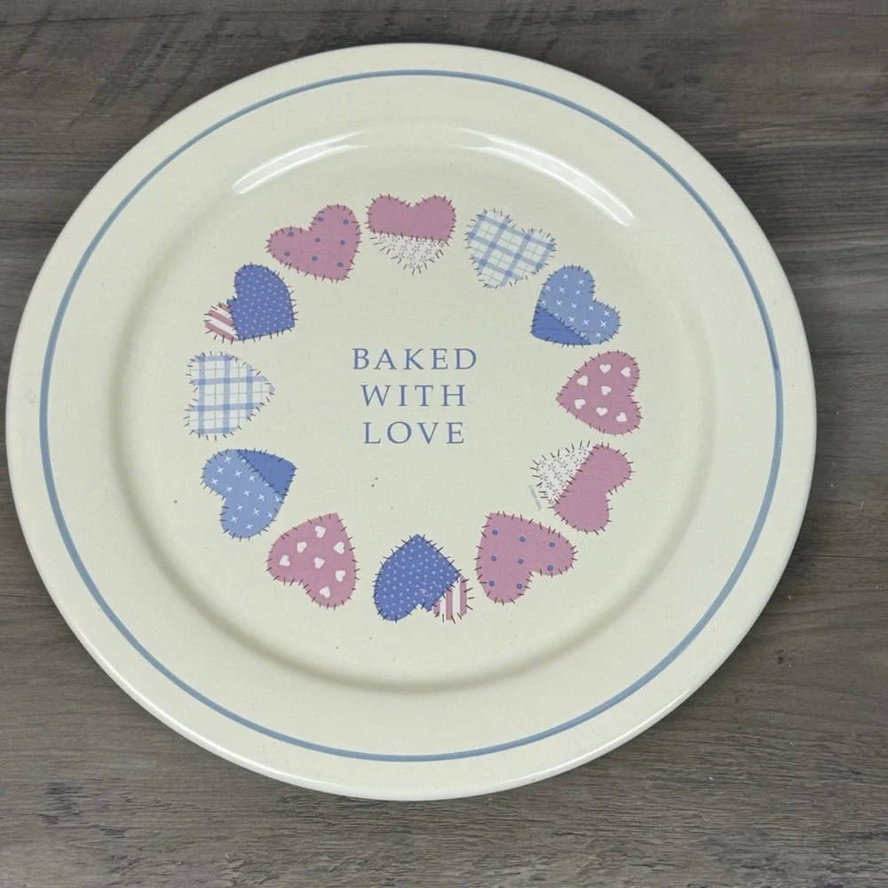 Vintage 1986 Treasure Craft Auntie Em Baked With Love Pie Plate Patchwork Hearts